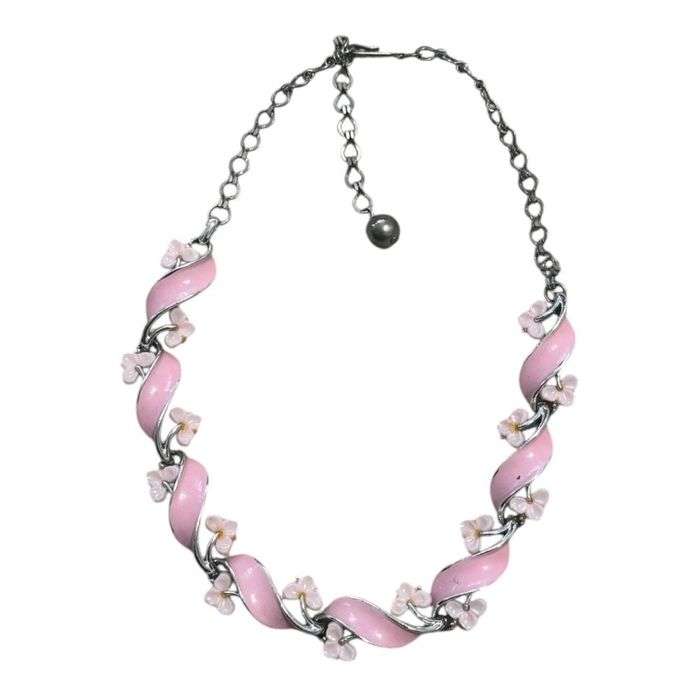 Vintage Pink Choker Necklace Thermoset Lucite Costume Jewelry Ribbon Floral